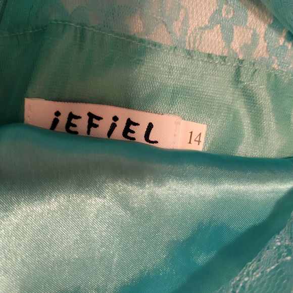 iEFiEL silk formal dress Turquoise Full Length w/lace Sz 12 - Picture 5 of 9